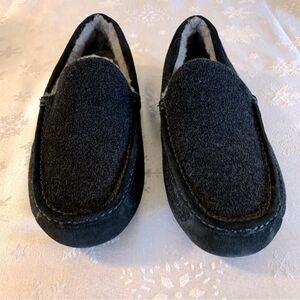 Mens UGG Plush Ascot Slippers Black Wool Gray Shearling Inside Sz 10 NWT